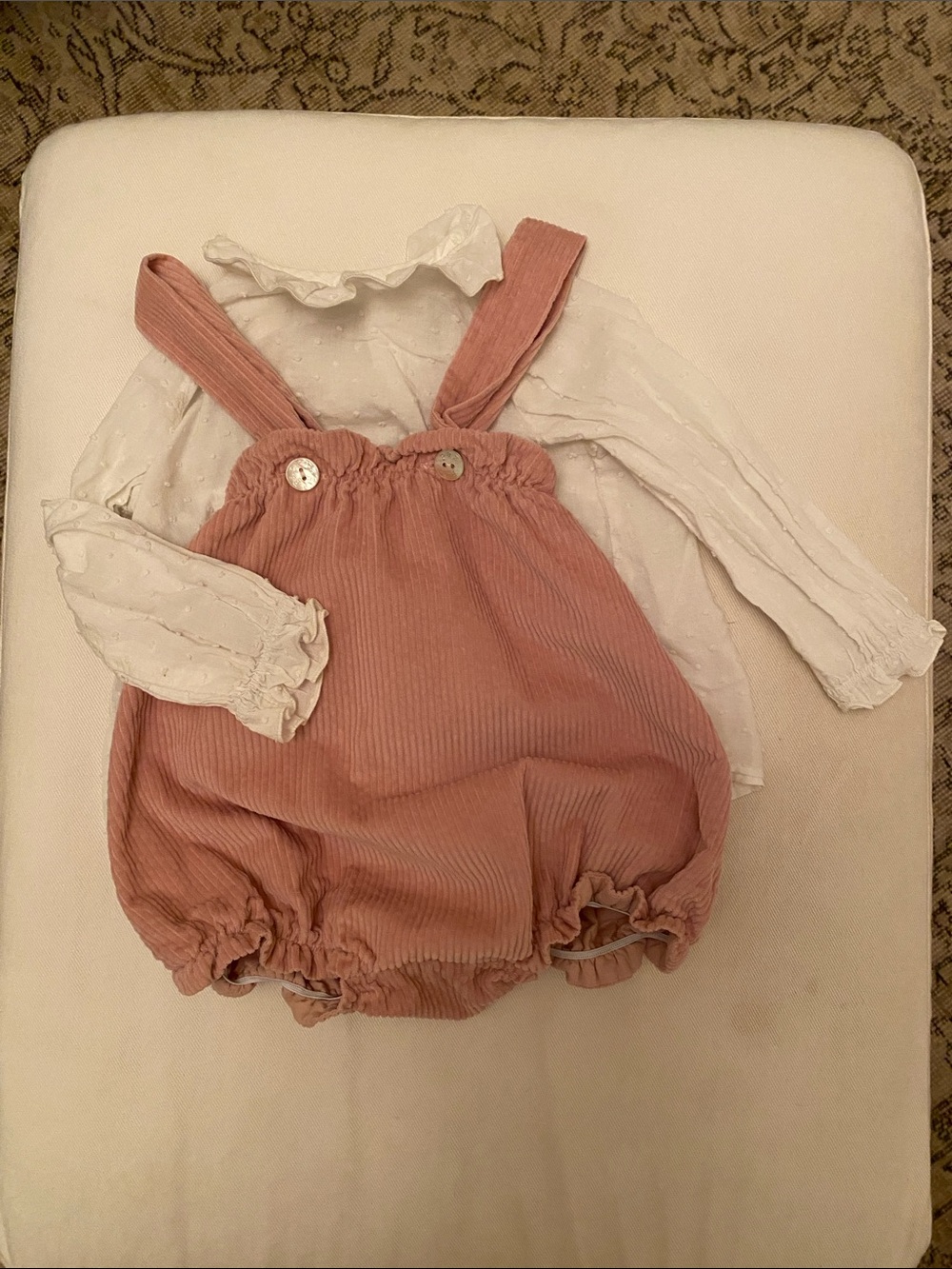 Kids Pink Corduroy Bubble Romper Set with White Blouse